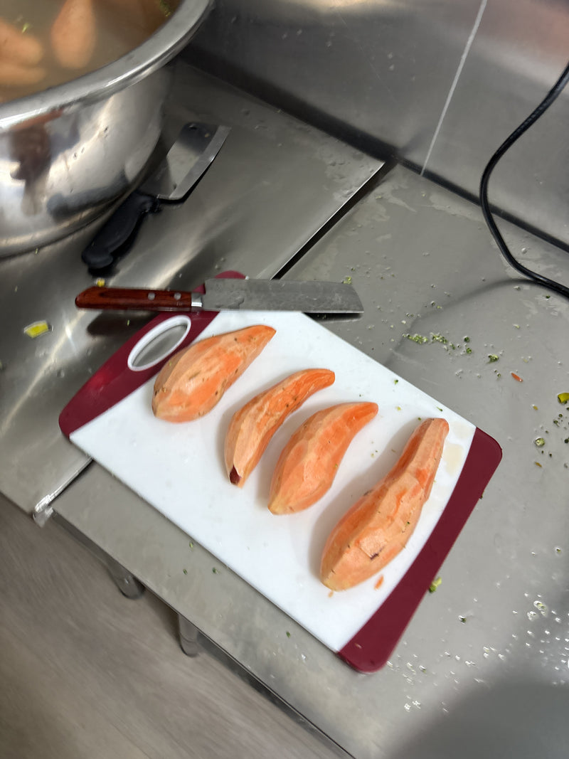 Sweet potato hand-prepped in our Pioneer Crescent kitchen
