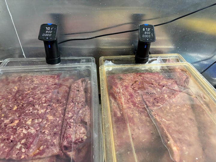 Industrial sous vide immersion circulators in our AAFCO-certified, AVS-licensed Pioneer Crescent kitchen