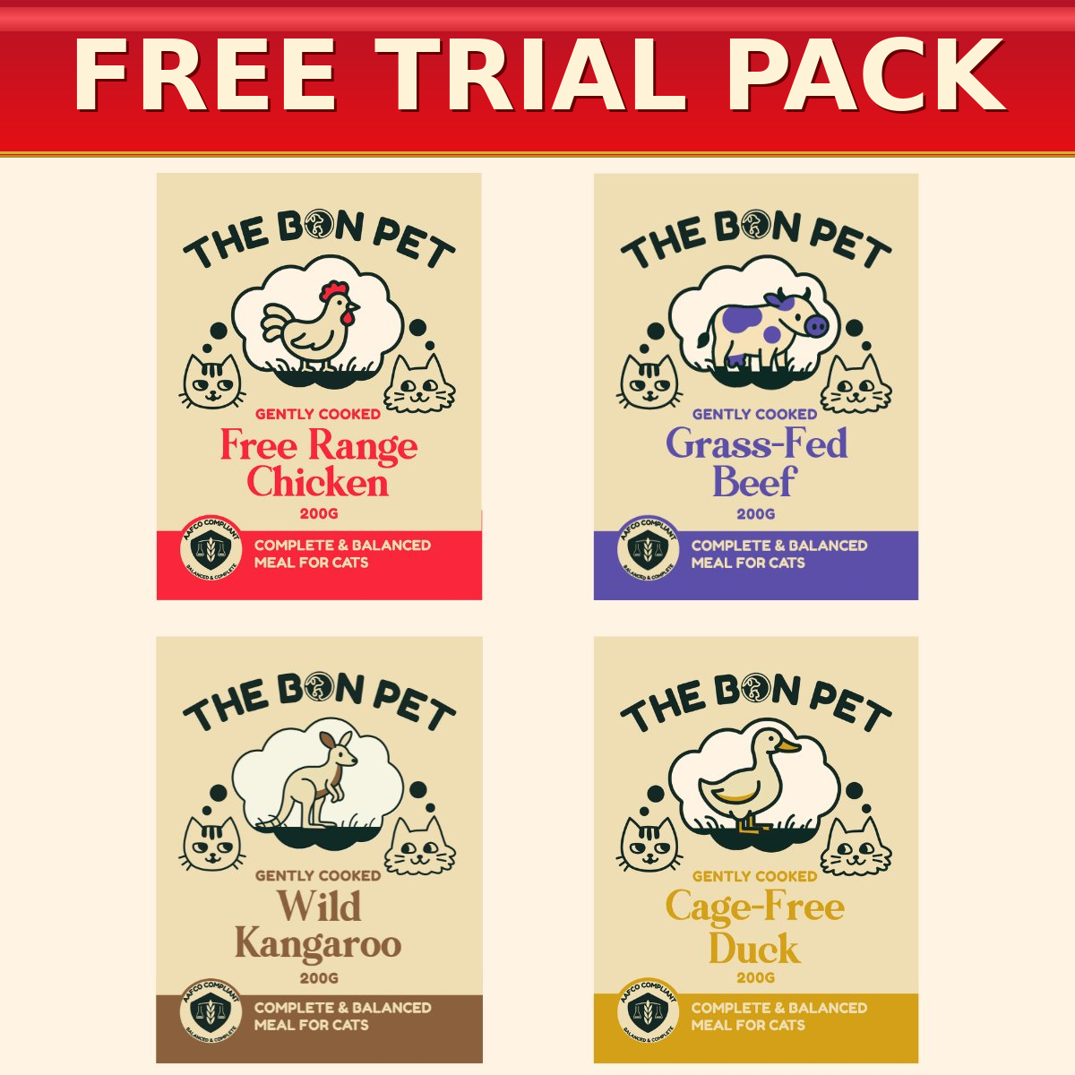 The Bon Pet cat food trial pack with chicken, beef, kangaroo and duck recipes