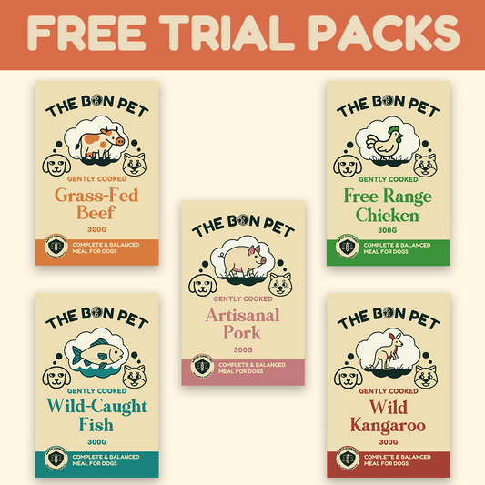 The Bon Pet dog food trial pack with gently cooked single protein meals for dogs
