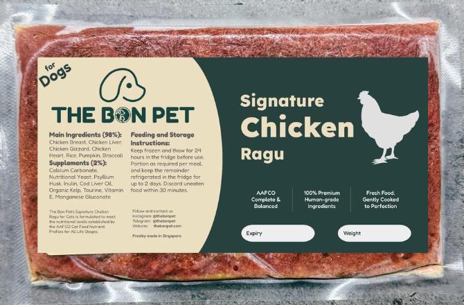 The Bon Pet Signature Chicken Ragu pack with full ingredient label visible - 98% chicken breast, liver, gizzard, heart and 2% supplements - radical transparency in every pack