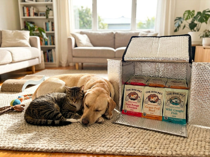 A dog and a cat curled up beside a delivery box of The Bon Pet meal packs