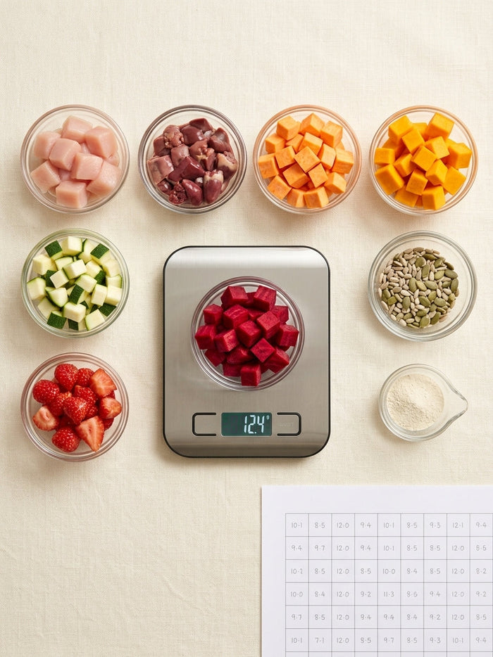 Fresh ingredients portioned into bowls around a kitchen scale