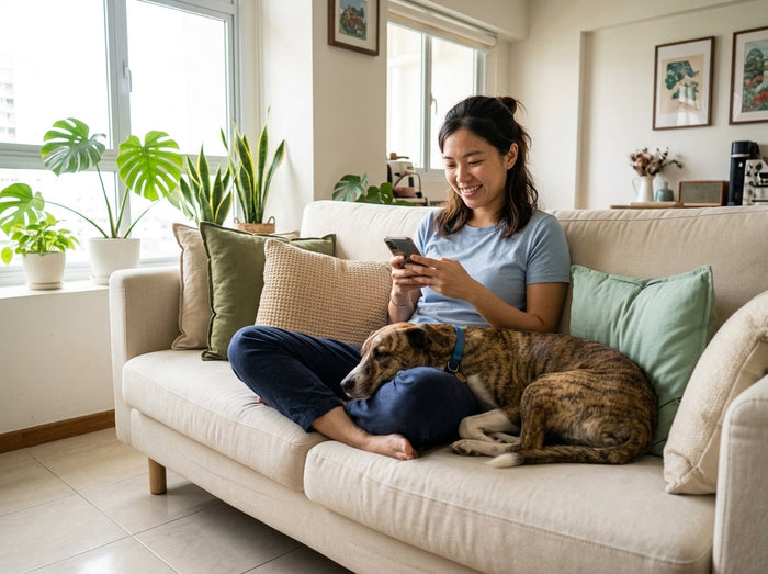 A woman relaxing on her sofa with her dog resting on her lap