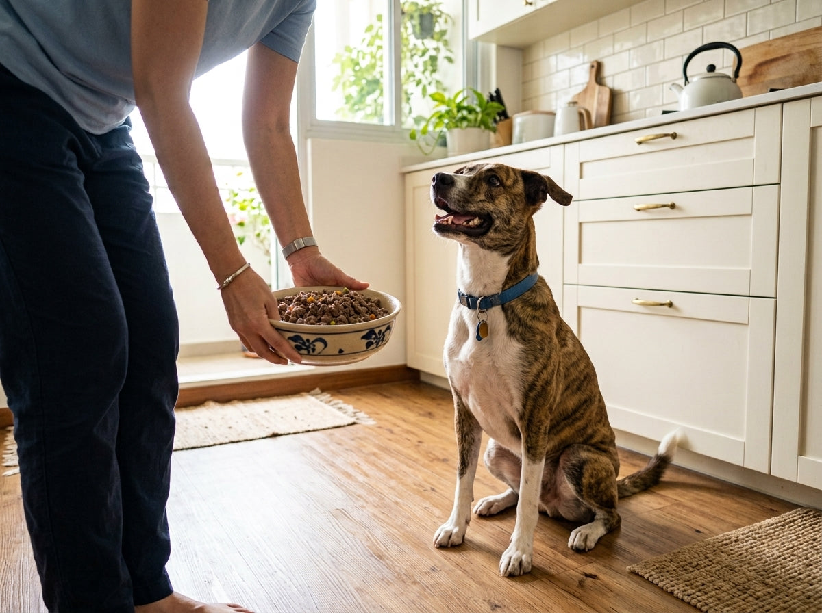 A dog waiting as its owner sets down a bowl of The Bon Pet