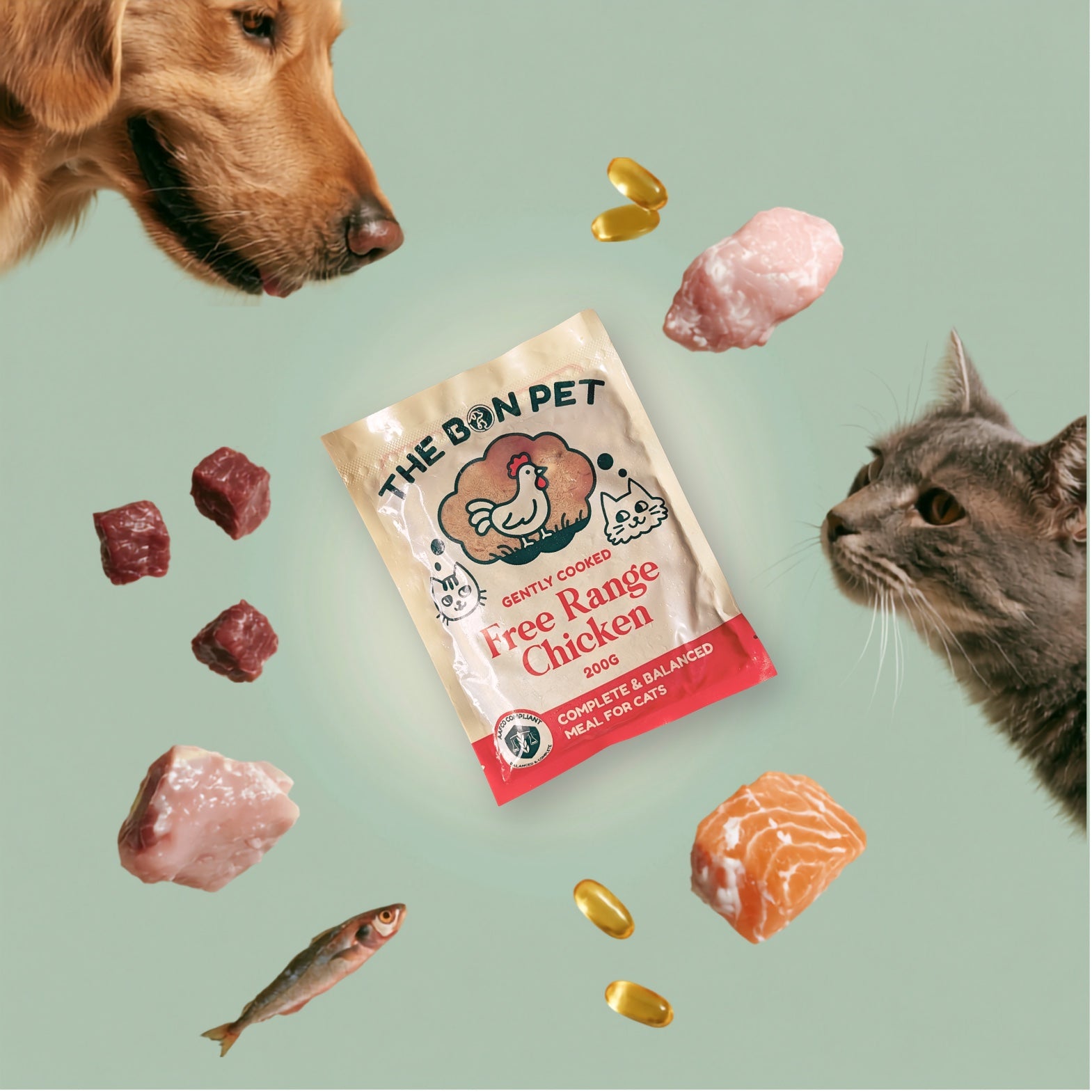 A dog and cat sniffing a Bon Pet Free Range Chicken pouch surrounded by fresh ingredients